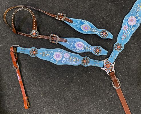 Showman One Ear Headstall and Breast Collar Set Painted Blue with Flower accents #2